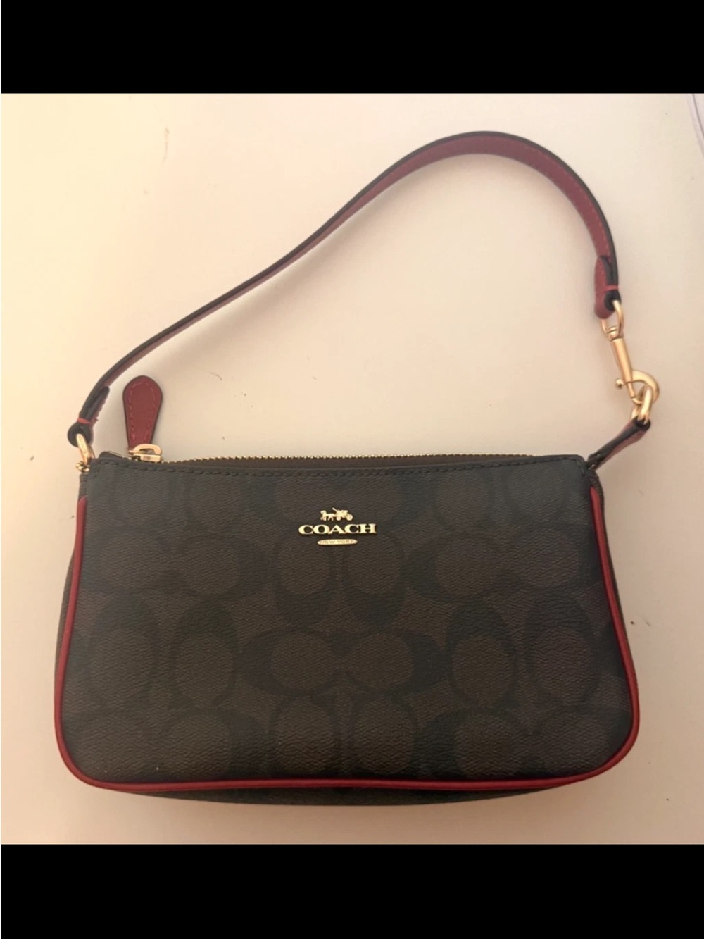 Coach Signature Canvas Wristlet in Brown with Red Trim